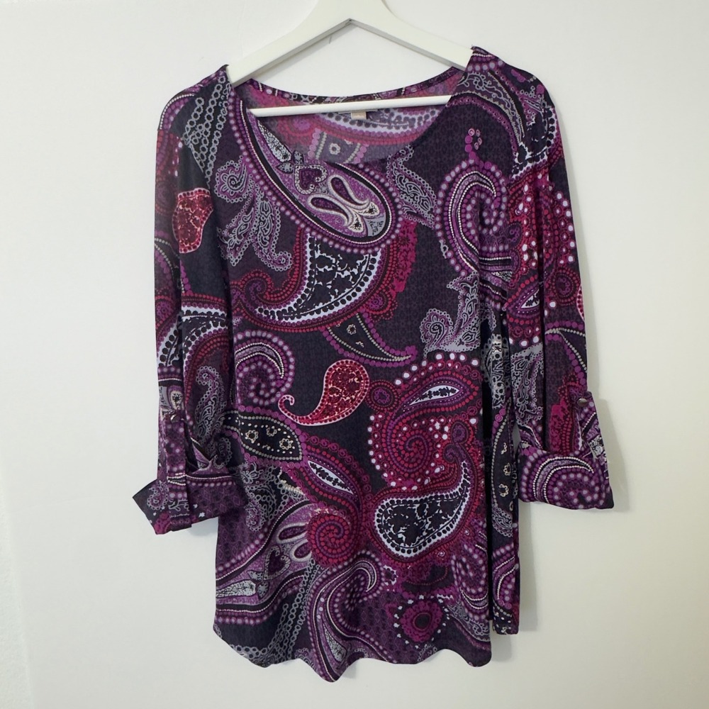 Roz & Ali Paisley Blouse Womens L Purple 3/4 Roll Tab Sleeve Scoop Boho Business